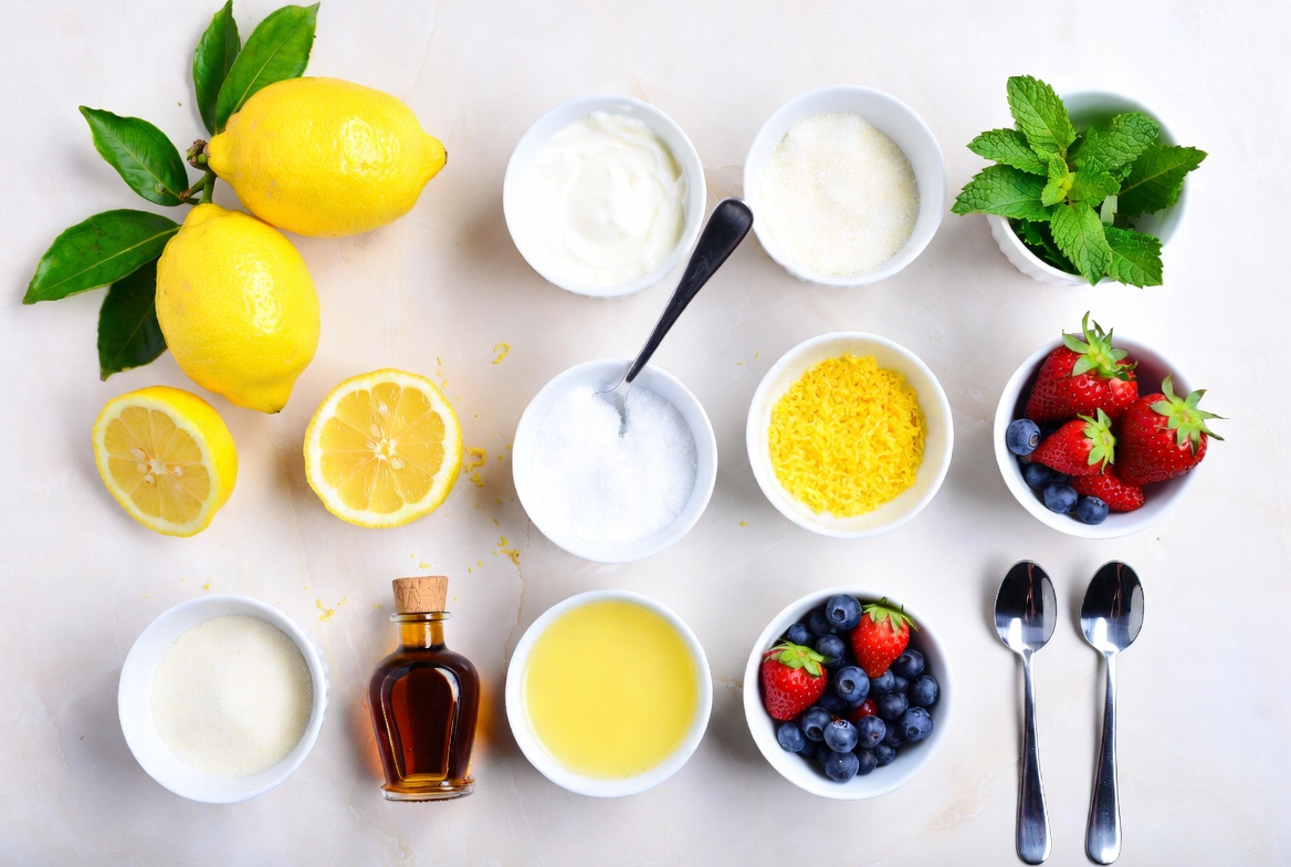 Ingredients for lemon posset in lemon shells with fresh lemons, cream, sugar, berries, vanilla, and mint arranged on a white surface