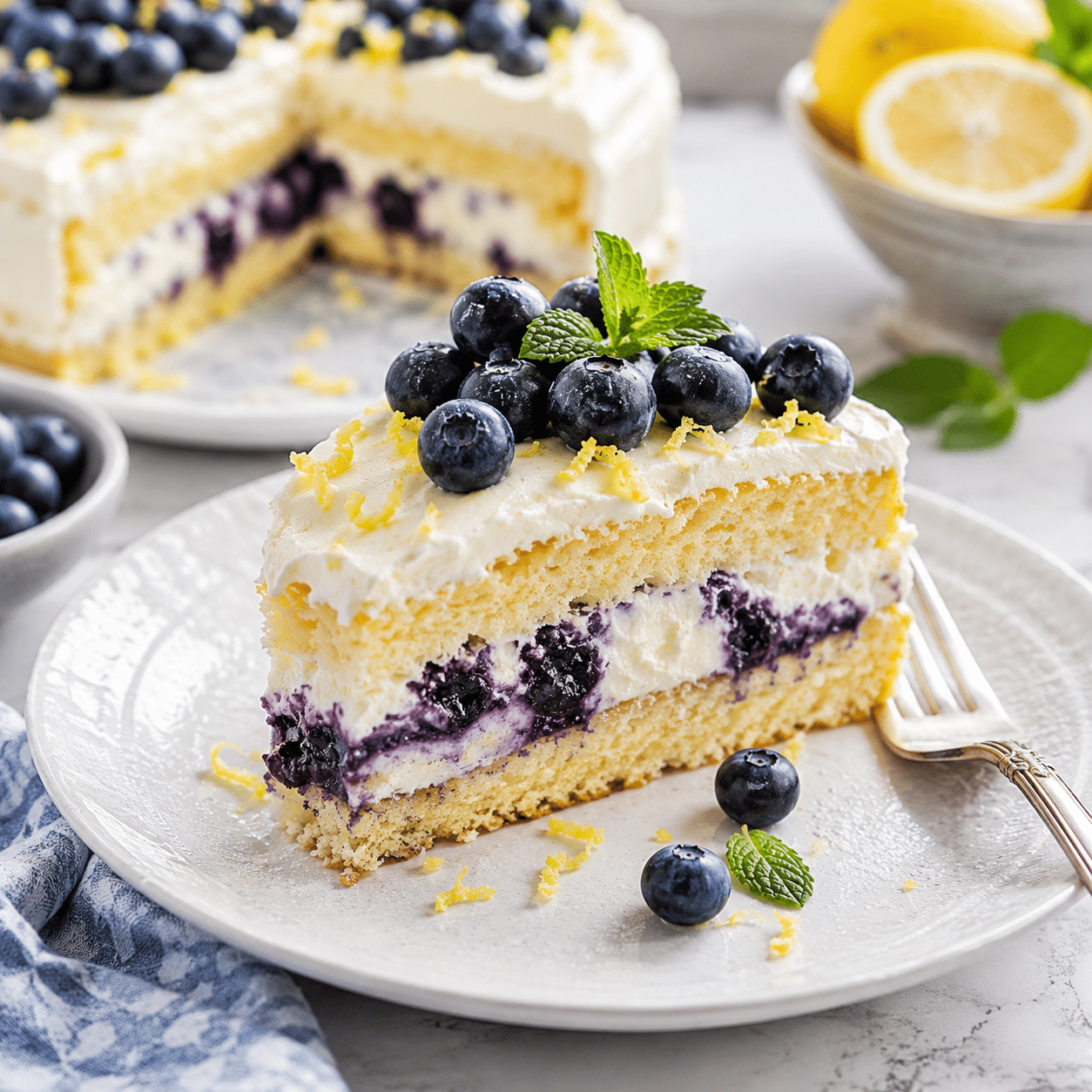 Slice of lemon blueberry mascarpone cake served on a plate with creamy layers, blueberries, and lemon garnish